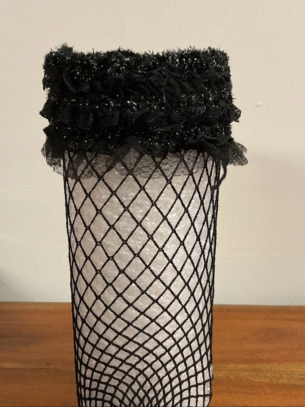 Brand New-Leg Avenue Brown Lycra Industrial Net Stockings with Lurex Ruffle Top